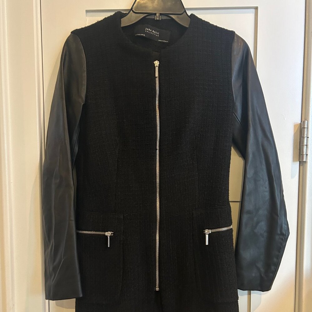 Zara Basic Tweed Jacket with pleather sleeves - XS - image 2